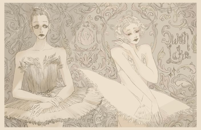 An illustration of Odette and Odile from swan lake. The title Swan Lake appears to the right of the two women. Odile is looking at Odette.