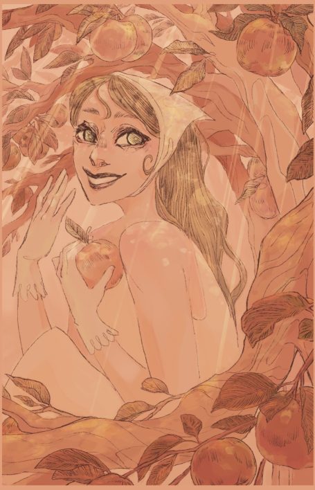 A woman in an apple orchard smiling at the camera, it is like you share a joke with her but more likely it’s your heart